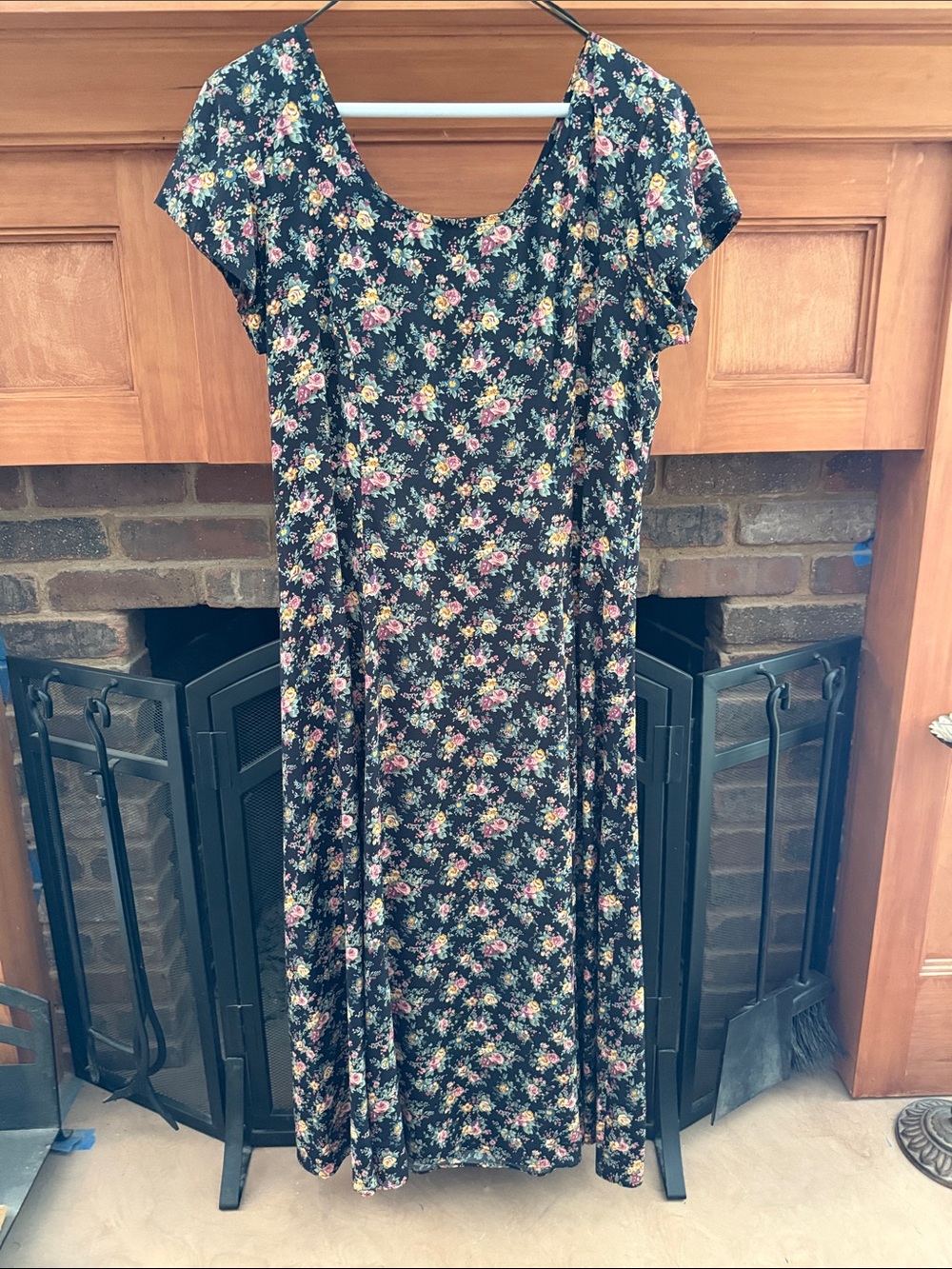 VTG 90s E.D. Michaels Black Floral Maxi Dress Corset Lace Up Tie Back Rayon 12
